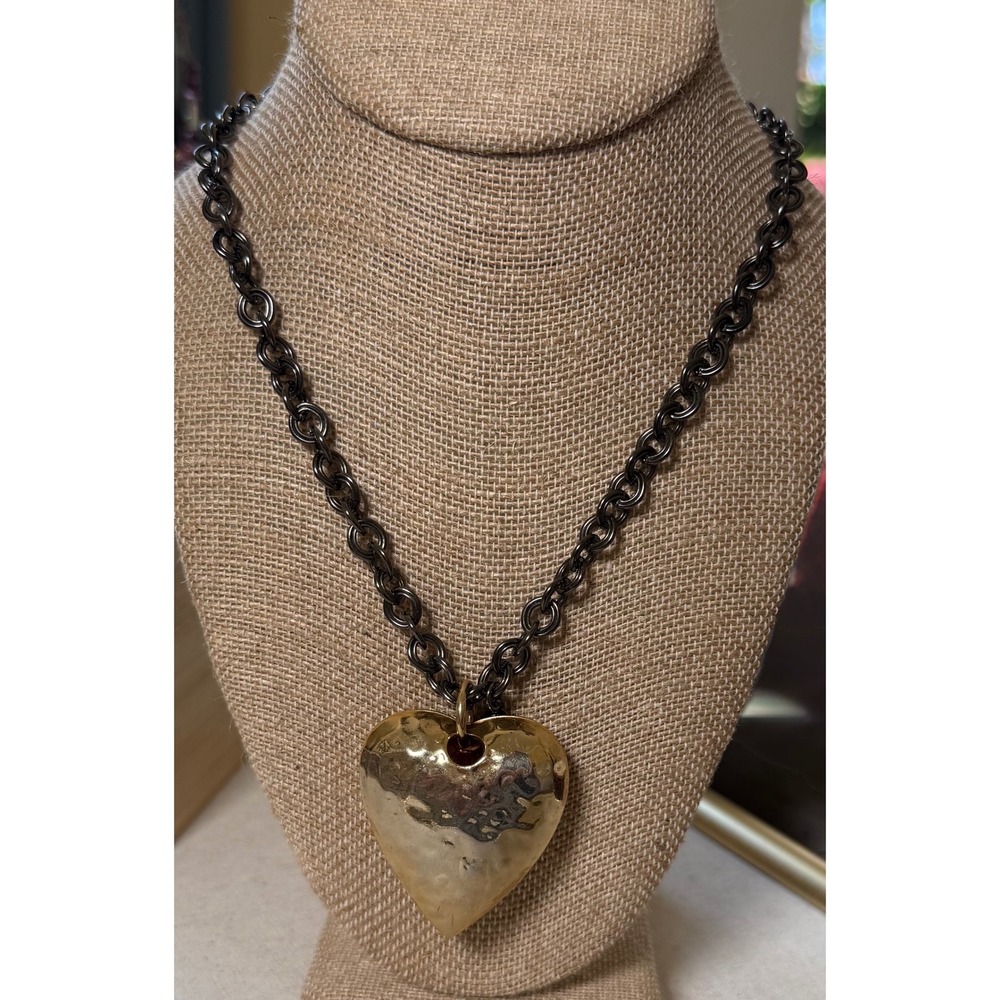 Express signed Chunky Gunmetal Chain Hammered Gold Heart Statement Necklace 36" - Picture 2 of 12
